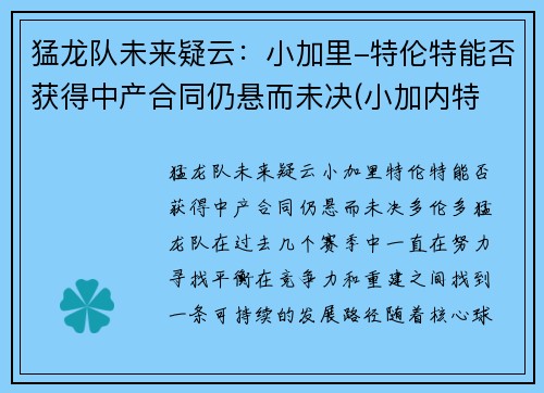 猛龙队未来疑云：小加里-特伦特能否获得中产合同仍悬而未决(小加内特 迈尔斯)