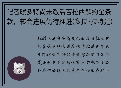 记者曝多特尚未激活吉拉西解约金条款，转会进展仍待推进(多拉·拉特延)